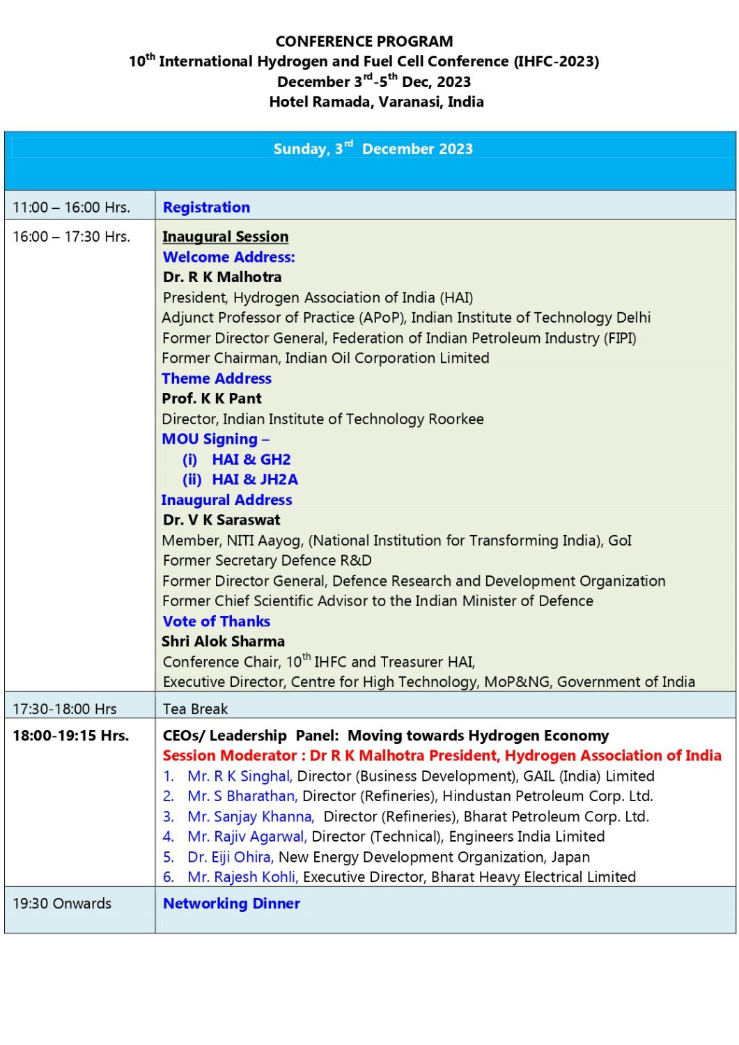 10th international hydrogen & fuel cell conference Program